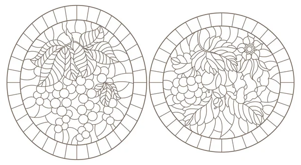 Eine Reihe Von Konturabbildungen Von Glasfenstern Mit Beeren Blumen Und — Stockvektor