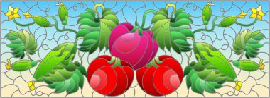 Mavi arka planda, sebze kompozisyonu, olgun domatesler, salatalıklar ve yapraklarla boyalı cam tarzında bir resim, yatay yönelim