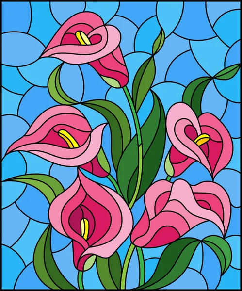 Illustration Stained Glass Style Bouquet Pink Calla Flowers Blue Background — Stock Vector