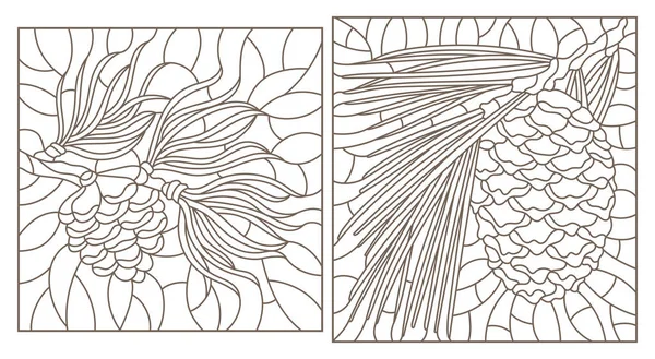 Набір Контурних Вітражних Ілюстрацій Кедровим Конусом Гілці Темні Контури Білому — стоковий вектор