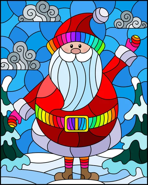 Ілюстрація Стилі Вітражу Карикатурою Santa Claus Червоному Костюмі Тлі Ялинок — стоковий вектор