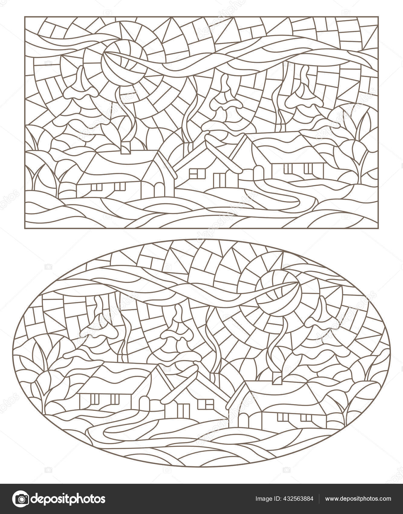 Set Gambar Kontur Dalam Gaya Kaca Patri Dengan Pemandangan