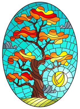 Gökyüzünde sonbahar ağacı, arka planda güneş, oval görüntü...