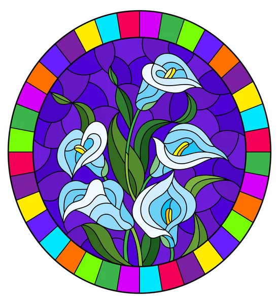 Ilustração Estilo Vitral Com Buquê Flores Azuis Calla Fundo Roxo — Vetor de Stock