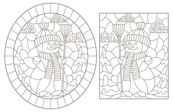 雪男と冬の休日をテーマにしたステンドグラス窓の輪郭線のイラストのセット 白い背景の暗い輪郭線 — ストックベクタ