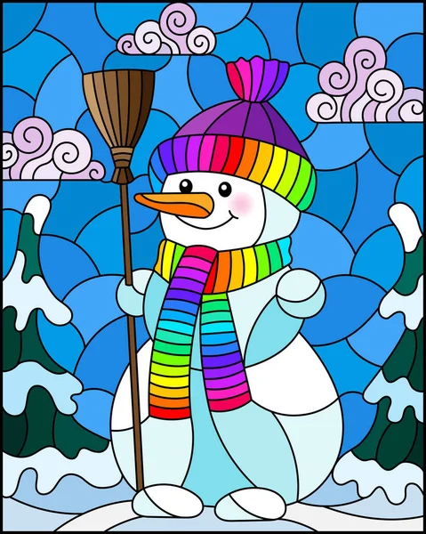 Illustration Style Stained Glass Window Theme Winter Holidays Cheerful Cartoon — Stock Vector