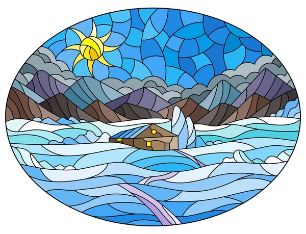 Illustration Stained Glass Style Winter Landscape Lonely House Background Fields — Stock Vector