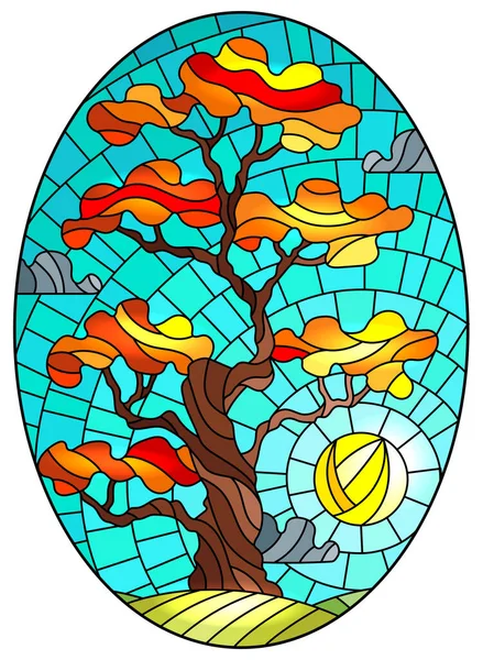 Gökyüzünde sonbahar ağacı, arka planda güneş, oval görüntü...