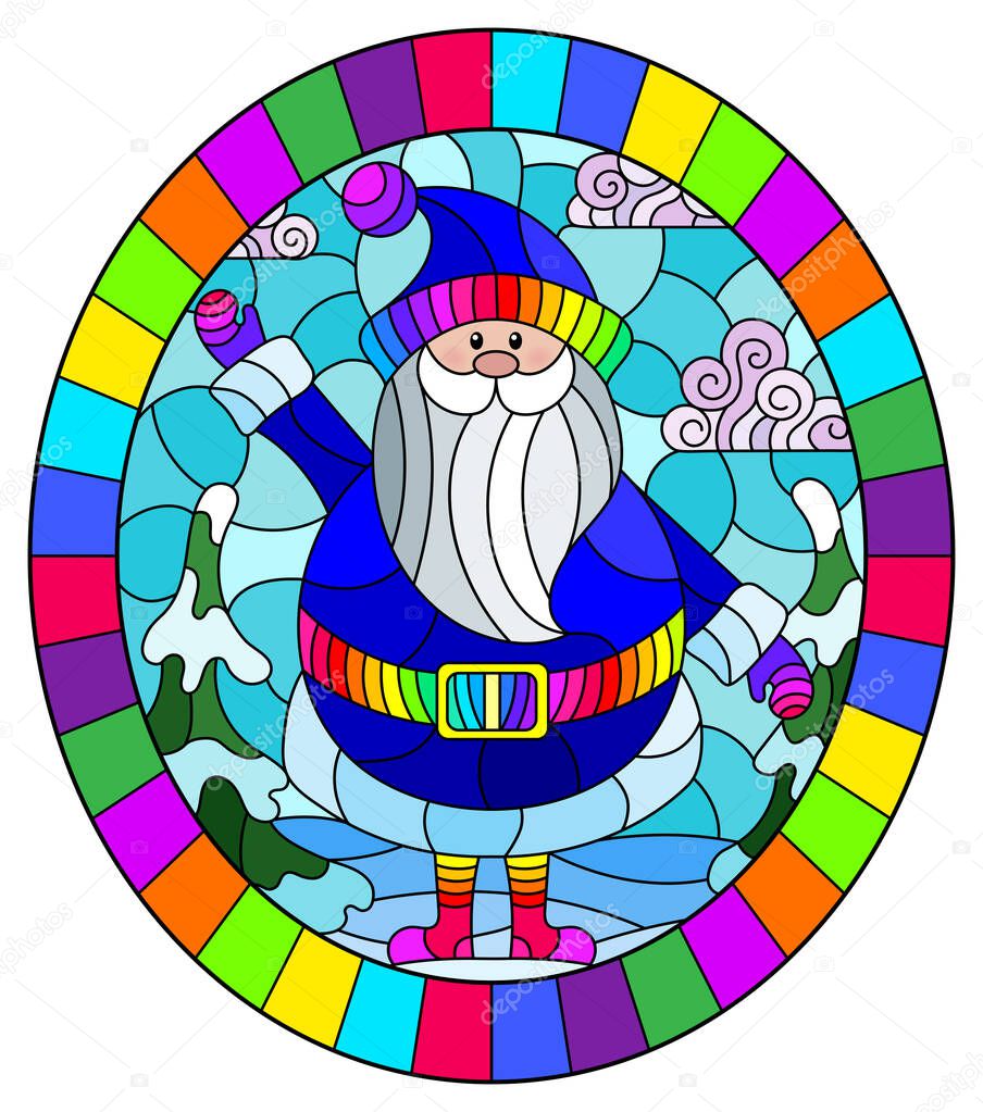 Illustration in stained glass style with a cartoon Santa Claus in a red suit on the background of Christmas trees, snowdrifts and the sky, oval image in bright frame
