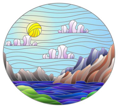 Vahşi bir manzarası olan, boyalı cam tarzı bir resim, dağların arka planında bir göl ve güneşli bir gökyüzü, oval bir görüntü.