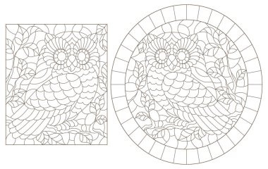 Ağaç dallarında sevimli karikatür baykuşları, beyaz arka planda koyu çizgiler olan boyalı cam pencerelerin çizimleri.