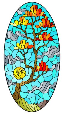 Gökyüzünde sonbahar ağacı, arka planda güneş, oval görüntü...