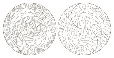 Yunusların çizimleri, yuvarlak resimler, açık arkaplan üzerindeki koyu hatlar.