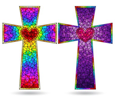 Beyaz arka planda izole edilmiş, parlak Hristiyan haçlarıyla boyalı cam tarzında çizimler.