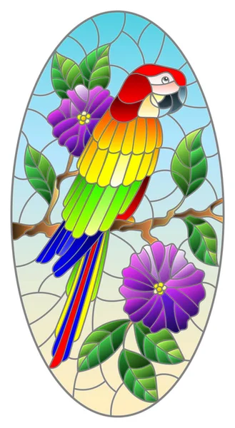 Иллюстрация Витражном Стиле Ярким Попугаем Фоне Цветов Голубого Неба Овальное — стоковый вектор