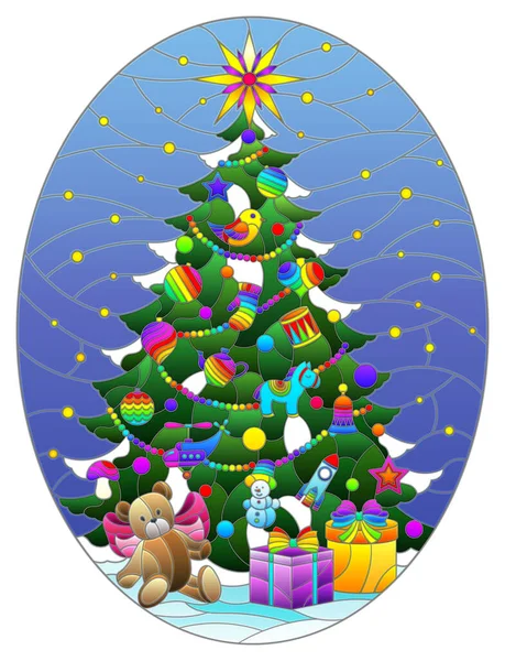 Illustration Glasmalereistil Mit Einem Weihnachtsbaum Und Einem Spielzeugbär Auf Blauem — Stockvektor