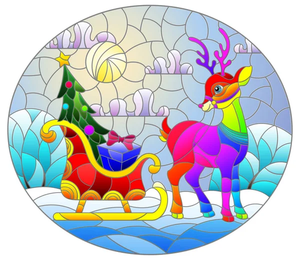 Ілюстрація Вітражному Стилі Тему Різдва Нового Року Олень Запрягався Санях — стоковий вектор