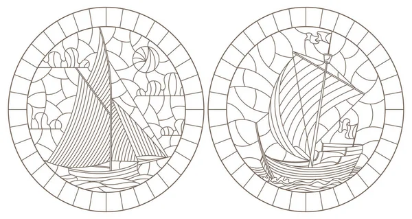 Set Contour Illustrations Stained Glass Windows Old Sailing Ships Dark — Stock Vector