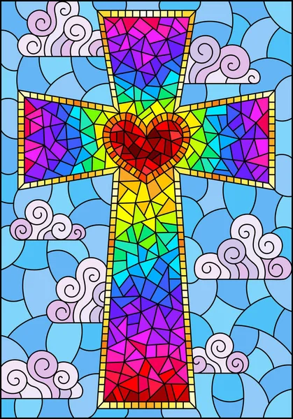 Illustration Glasmalereistil Mit Einem Hellen Christlichen Kreuz Auf Einem Hintergrund — Stockvektor