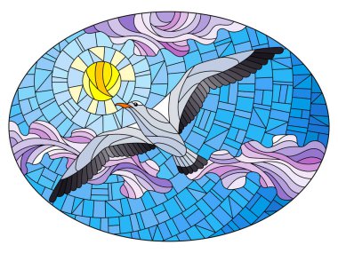 Mavi gökyüzü, güneş ve bulutların, oval görüntünün arka planında bir martı olan boyalı cam tarzı bir resim.