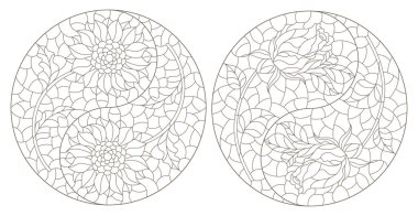 Yin Yang tabelasında güller ve ayçiçekleri olan boyalı cam şekilli çizimler, beyaz arka planda koyu renk hatlar.