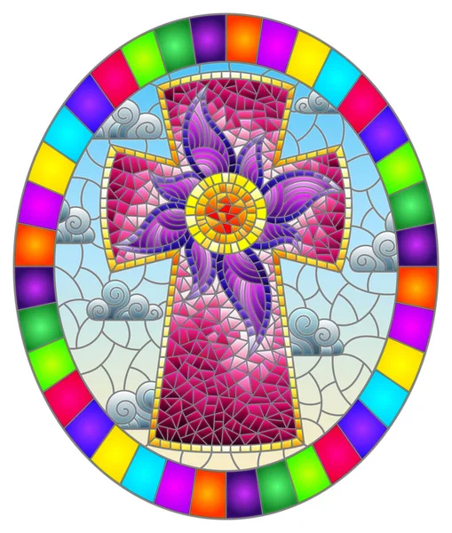 Ilustrace Stylu Barevného Skla Jasným Křesťanským Křížem Květem Pozadí Oblohy — Stockový vektor