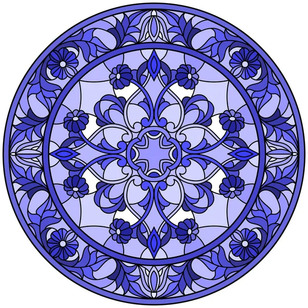 Soyut çiçekleri, açık arkaplanda girdapları ve yaprakları, çerçevede yuvarlak resmi, ton mavisi