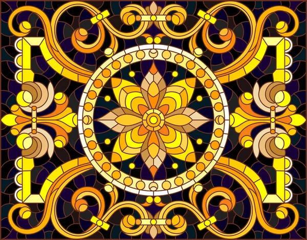 花の装飾が施されたステンドグラス風のイラスト 渦と花のモチーフが描かれた暗い背景に金の模倣 水平方向 — ストックベクタ