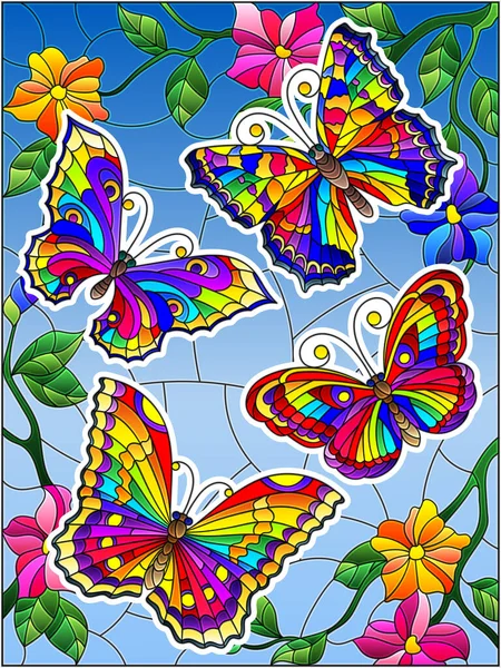 Conjunto Pegatinas Con Mariposas Estilo Vitral Sobre Fondo Cielo Azul — Archivo Imágenes Vectoriales