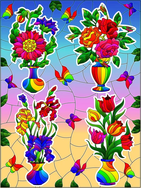 一套贴有花束的贴纸放在花瓶里 玻璃杯风格 背景是明亮的天空和明亮的蝴蝶 — 图库矢量图片