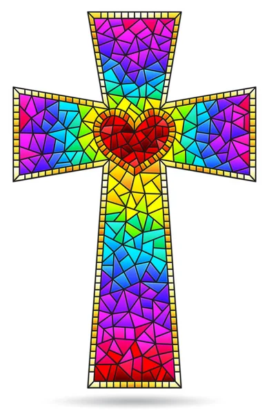 Illustration Stained Glass Style Bright Christian Crosses Heart Isolated White — Stock Vector