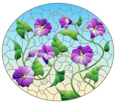 İç içe geçmiş mor çiçekleri ve mavi arkaplanda oval resmi olan yaprakları ile boyalı cam tarzında bir resim
