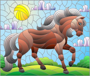 Tarlaların arka planında vahşi bir at ve güneşli bulutlu bir gökyüzü, dikdörtgen bir görüntü.