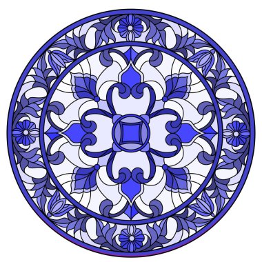 Soyut çiçekleri, açık arkaplanda girdapları ve yaprakları, çerçevede yuvarlak resmi, ton mavisi