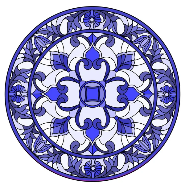 Soyut çiçekleri, açık arkaplanda girdapları ve yaprakları, çerçevede yuvarlak resmi, ton mavisi