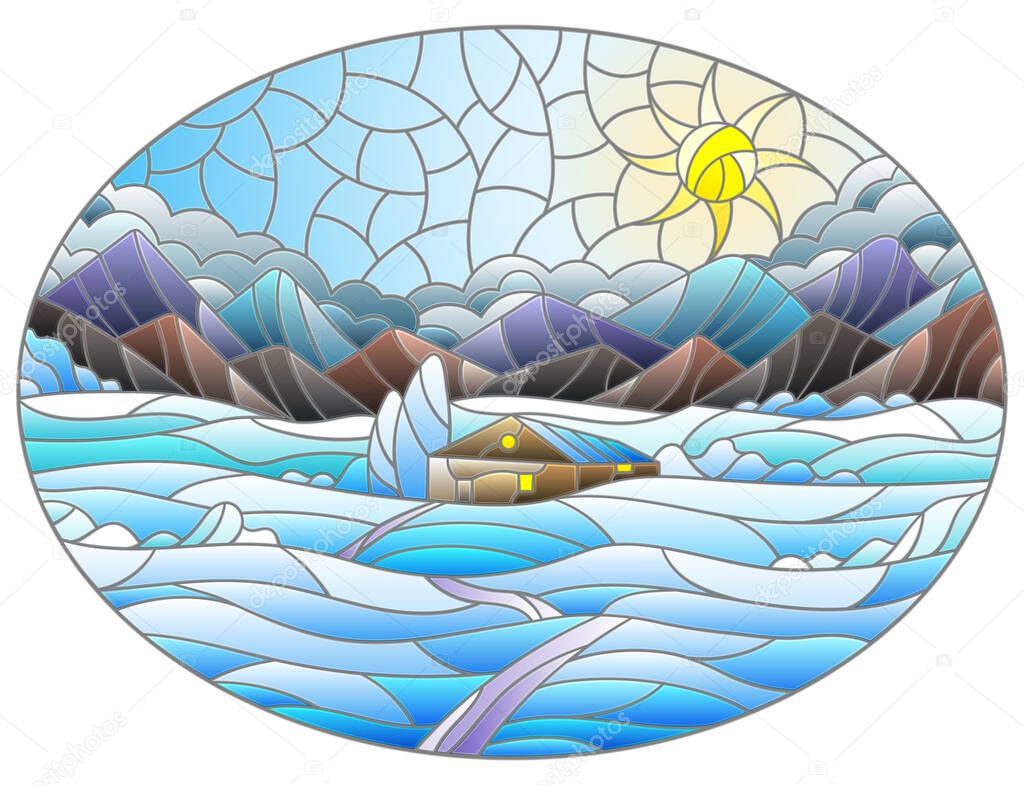 Illustration in the stained glass style with a winter landscape, a lonely house against the background of fields, mountains and sky, oval image