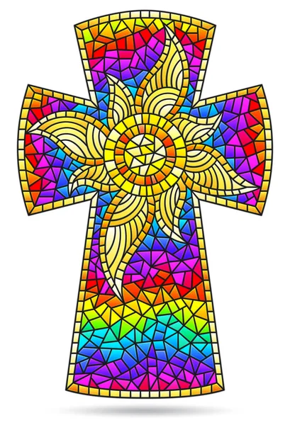 白い背景に太陽が孤立し 明るいキリスト教の十字架とステンドグラスのスタイルでイラスト — ストックベクタ