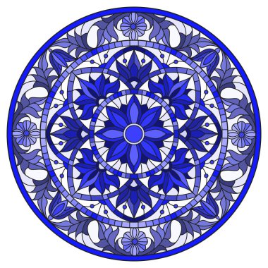 Soyut çiçekleri, açık arkaplanda girdapları ve yaprakları, çerçevede yuvarlak resmi, ton mavisi