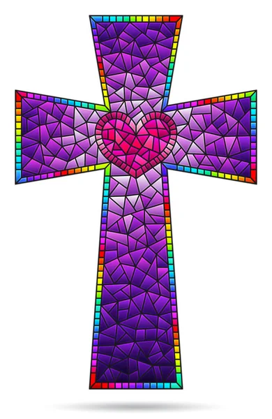Illustration Glasmalereistil Mit Hellen Christlichen Kreuzen Mit Herz Auf Weißem — Stockvektor