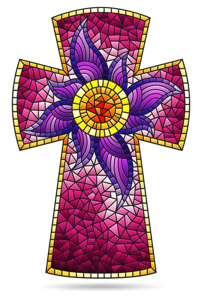 Ilustración Estilo Vidriera Con Brillantes Cruces Cristianas Con Sol Aislado — Archivo Imágenes Vectoriales