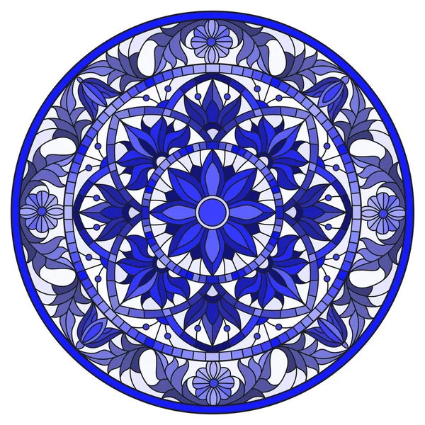 Soyut çiçekleri, açık arkaplanda girdapları ve yaprakları, çerçevede yuvarlak resmi, ton mavisi