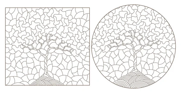 Conjunto Ilustraciones Contorno Vidrieras Con Imagen Los Árboles Contornos Oscuros — Archivo Imágenes Vectoriales