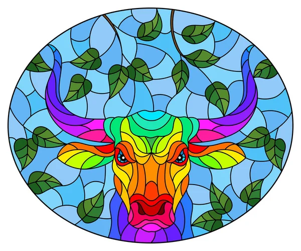 Ilustración Estilo Vitral Con Cabeza Toro Arco Iris Sobre Fondo — Archivo Imágenes Vectoriales