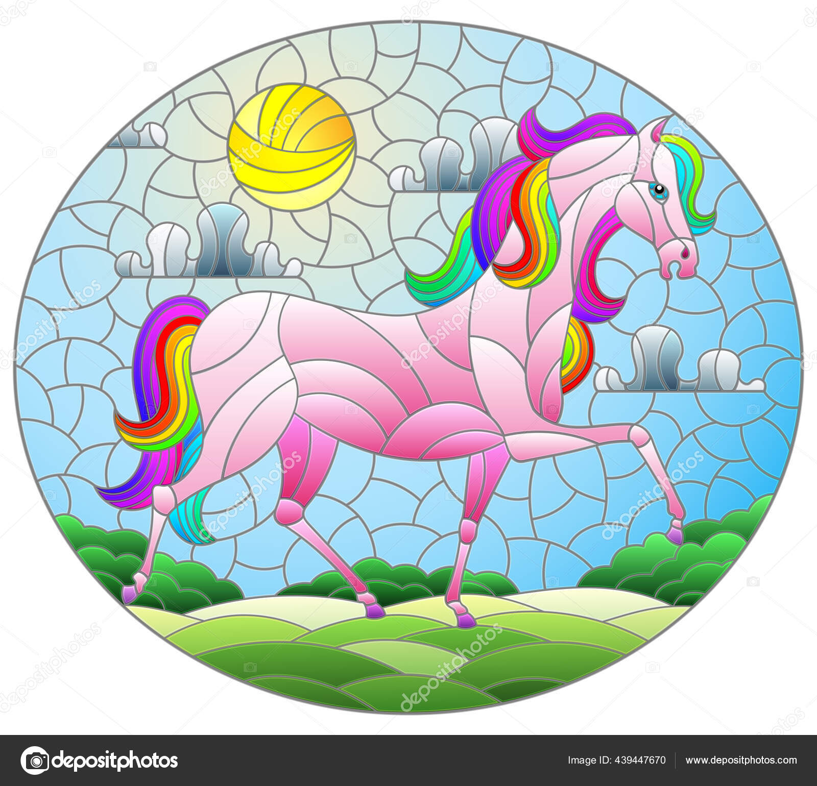 Illustration Stained Glass Style Fabulous Bright Horse Background
