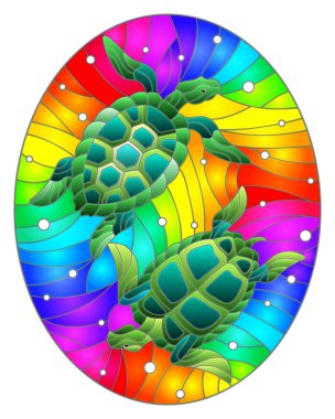Gökkuşağı arka planında deniz kaplumbağaları olan boyalı cam bir resim, oval görüntü.