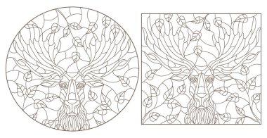 Set of contour illustrations in stained glass style with portraits of mooses, dark contours on a white background clipart