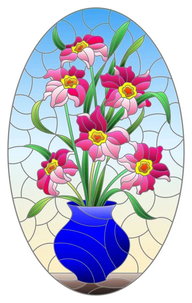 Ilustración Estilo Vitral Con Bodegón Floral Florero Con Ramo Narcisos — Archivo Imágenes Vectoriales