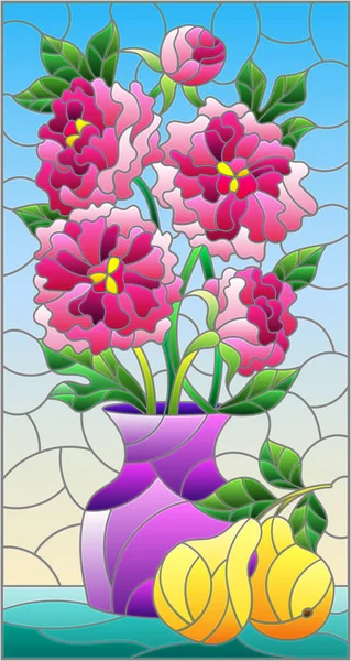 用色彩斑斓的玻璃风格描绘 花朵静止不动 花瓶里插着一束牡丹和蓝色背景的水果 — 图库矢量图片