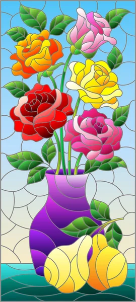 Ilustración Estilo Vitral Con Bodegón Floral Jarrón Con Ramo Rosas — Vector de stock