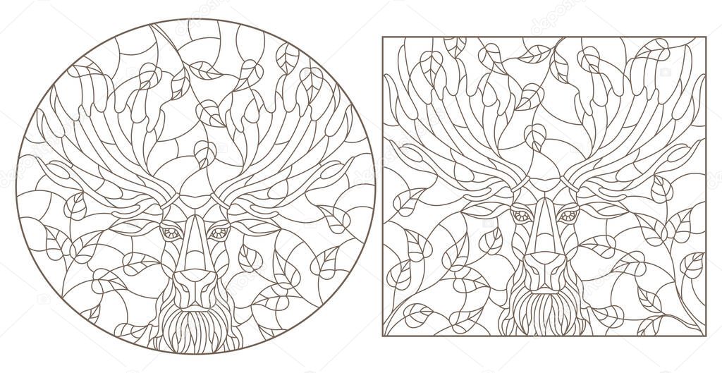 Set of contour illustrations in stained glass style with portraits of mooses, dark contours on a white background